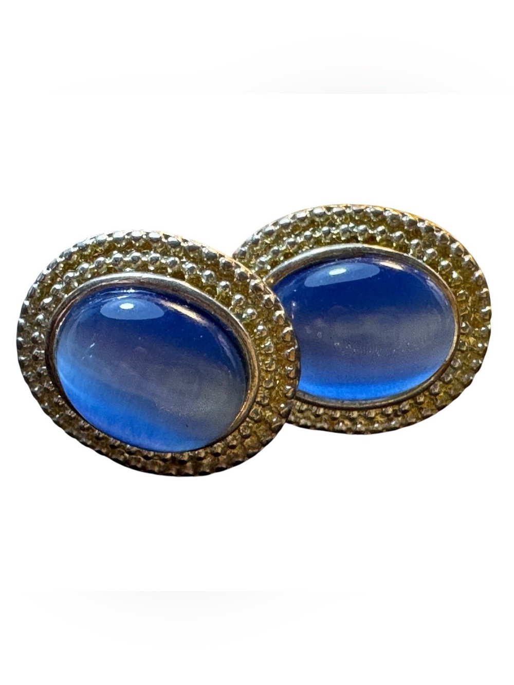 Vintage Blue Moonstone Cabochon Button Pierced Earrings Silver Tone